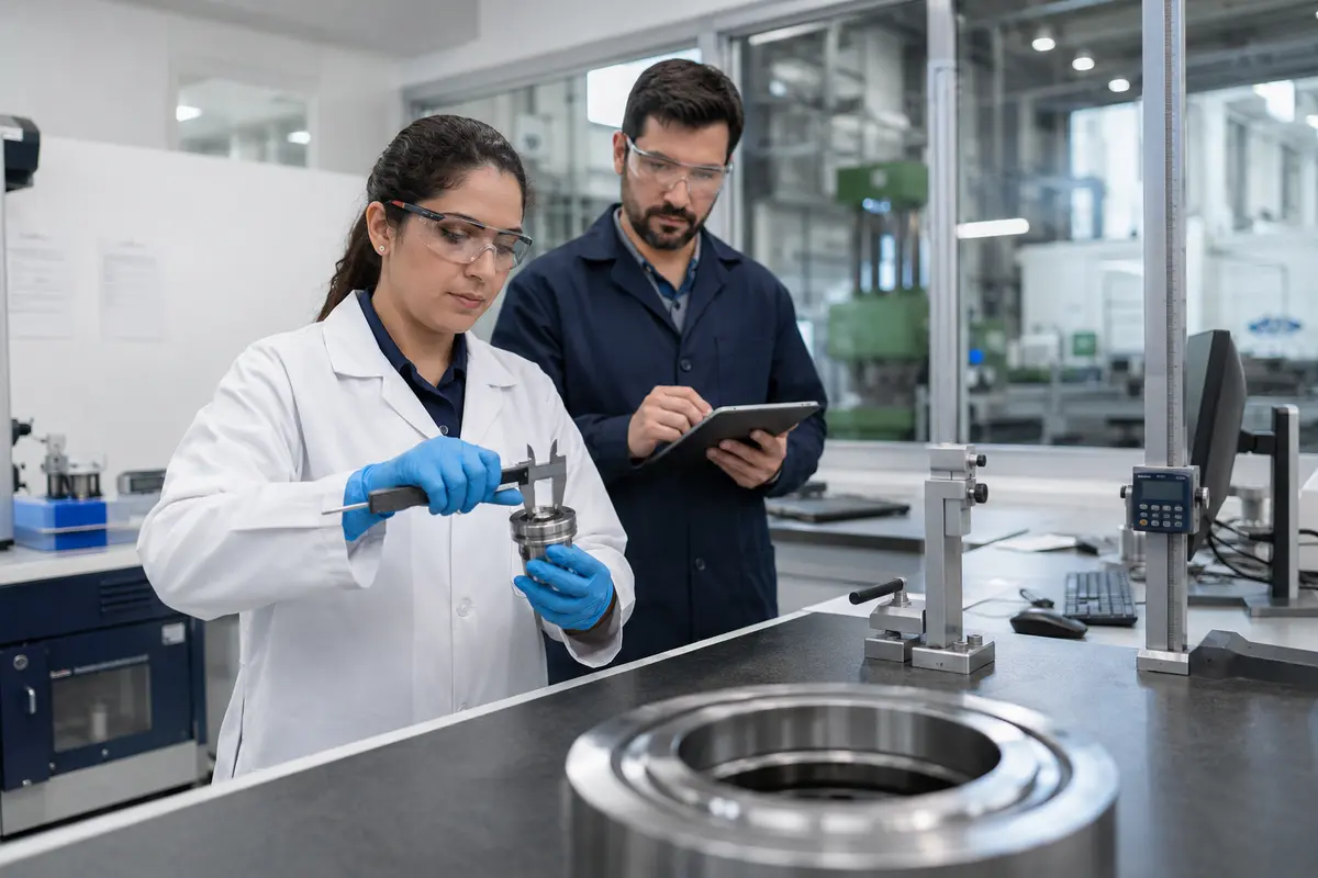 Quality engineer measuring an industrial component in a testing laboratory