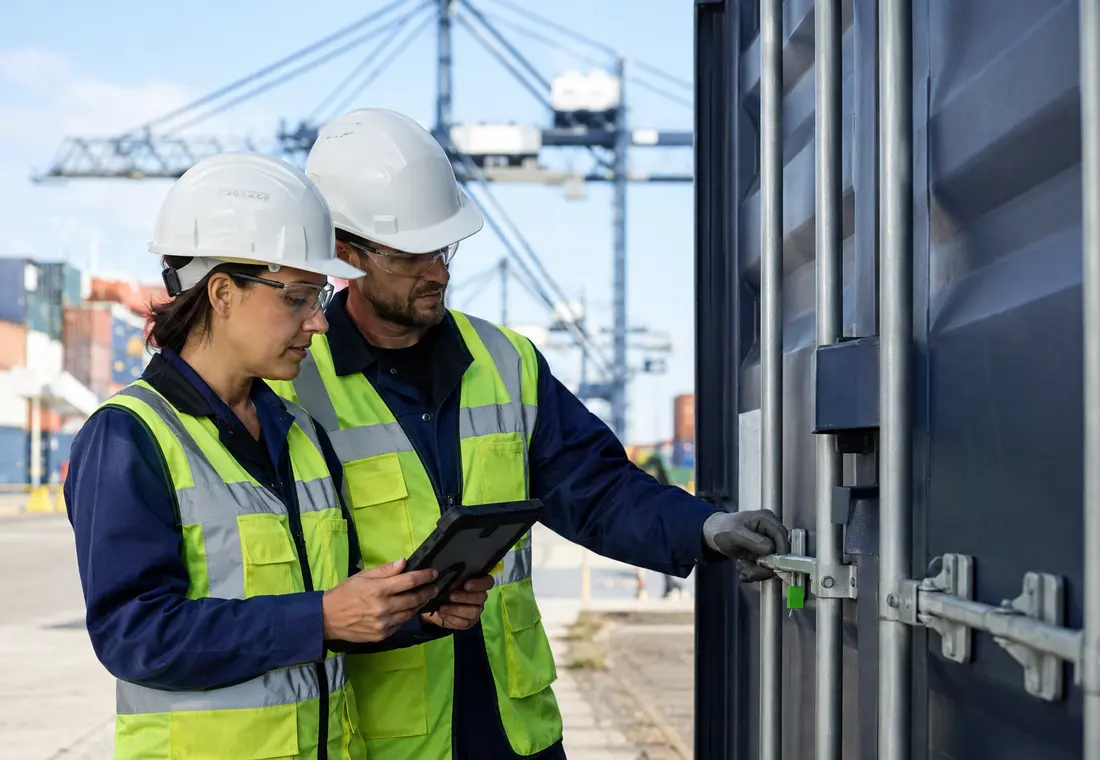 Inspectors verifying a container at a logistics terminal
