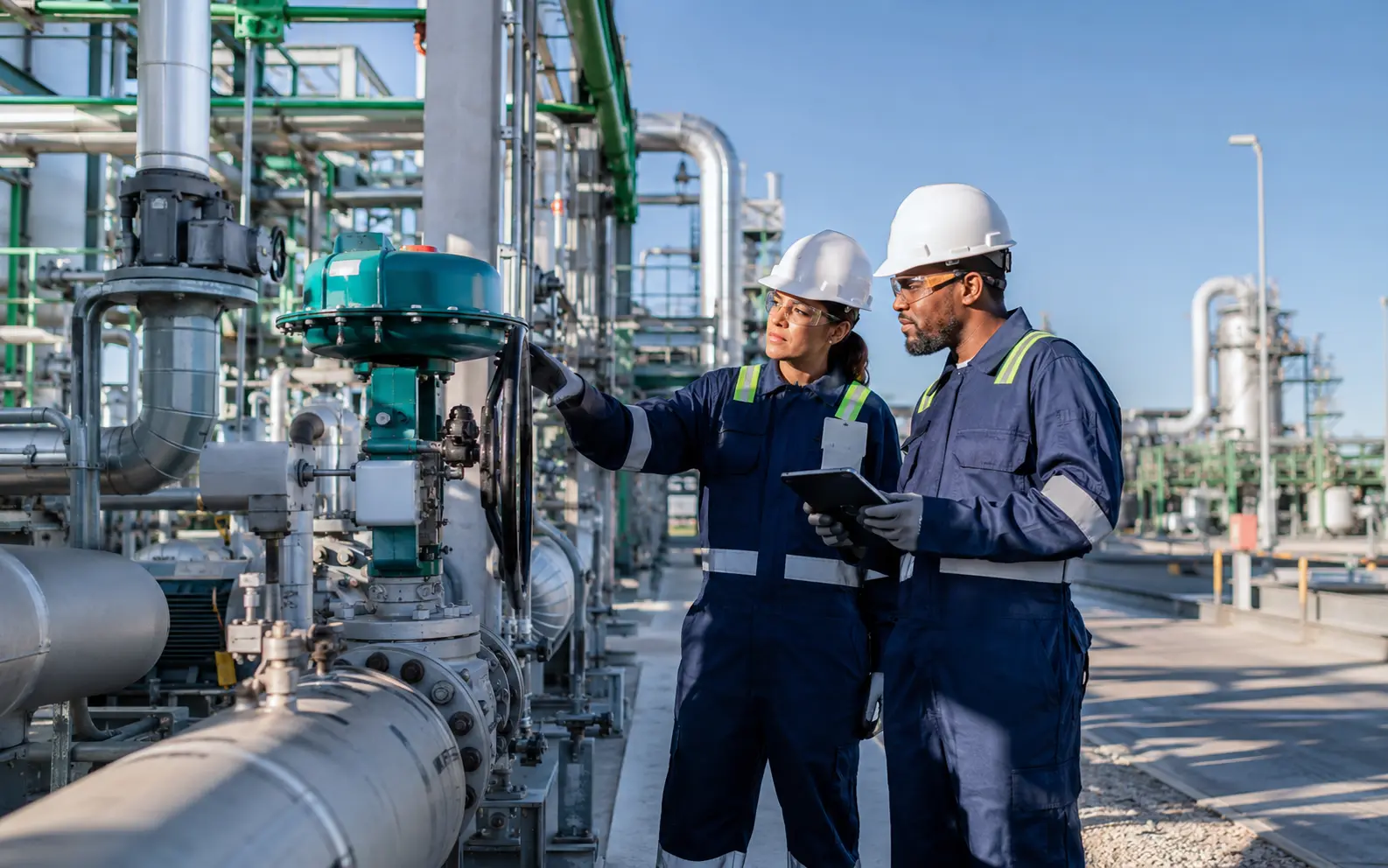 Oil and gas professionals conducting a technical field inspection