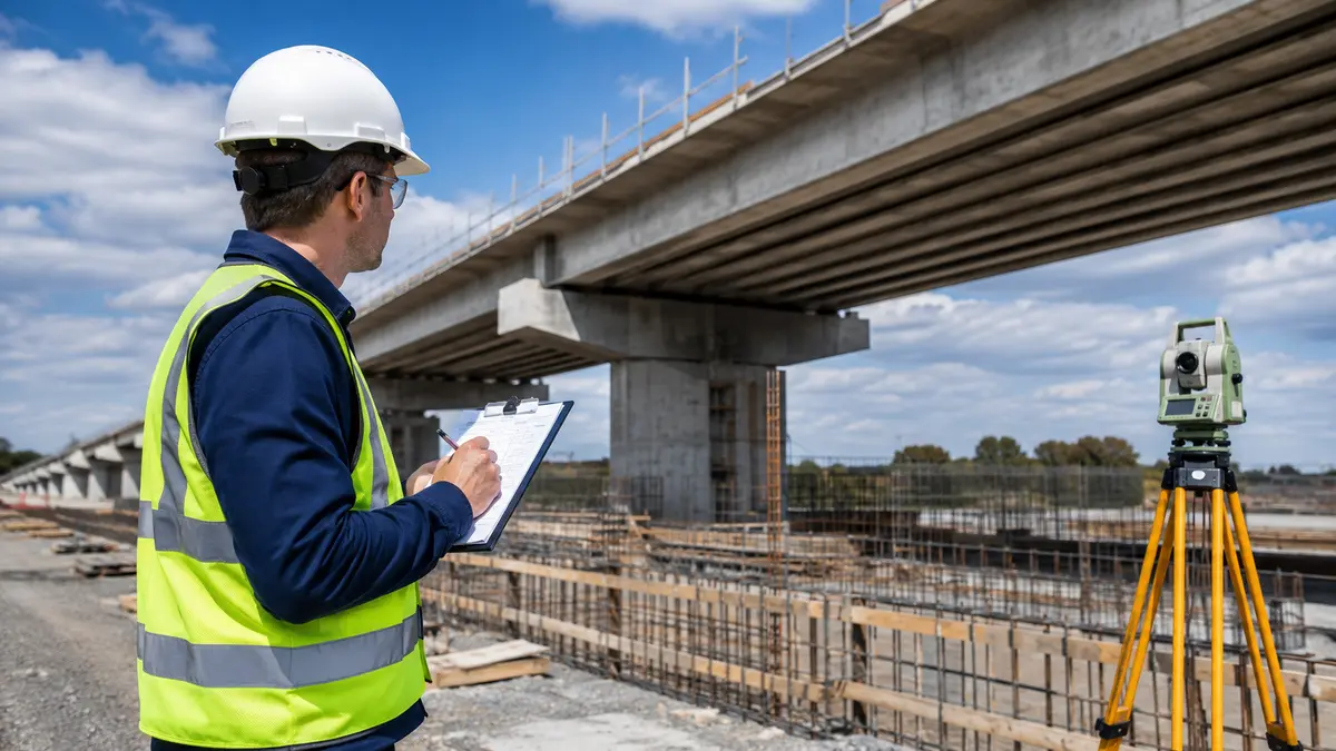 Engineer performing a technical inspection at a construction and infrastructure project
