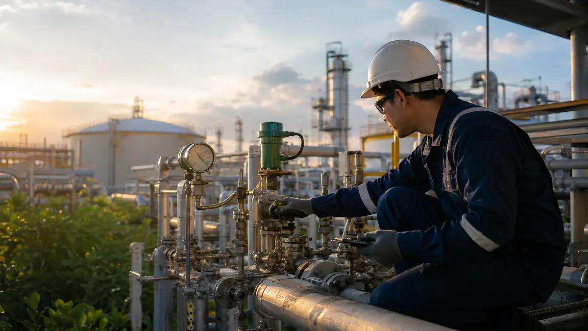 Field inspector reviewing valves and pipework at an energy, oil and gas facility