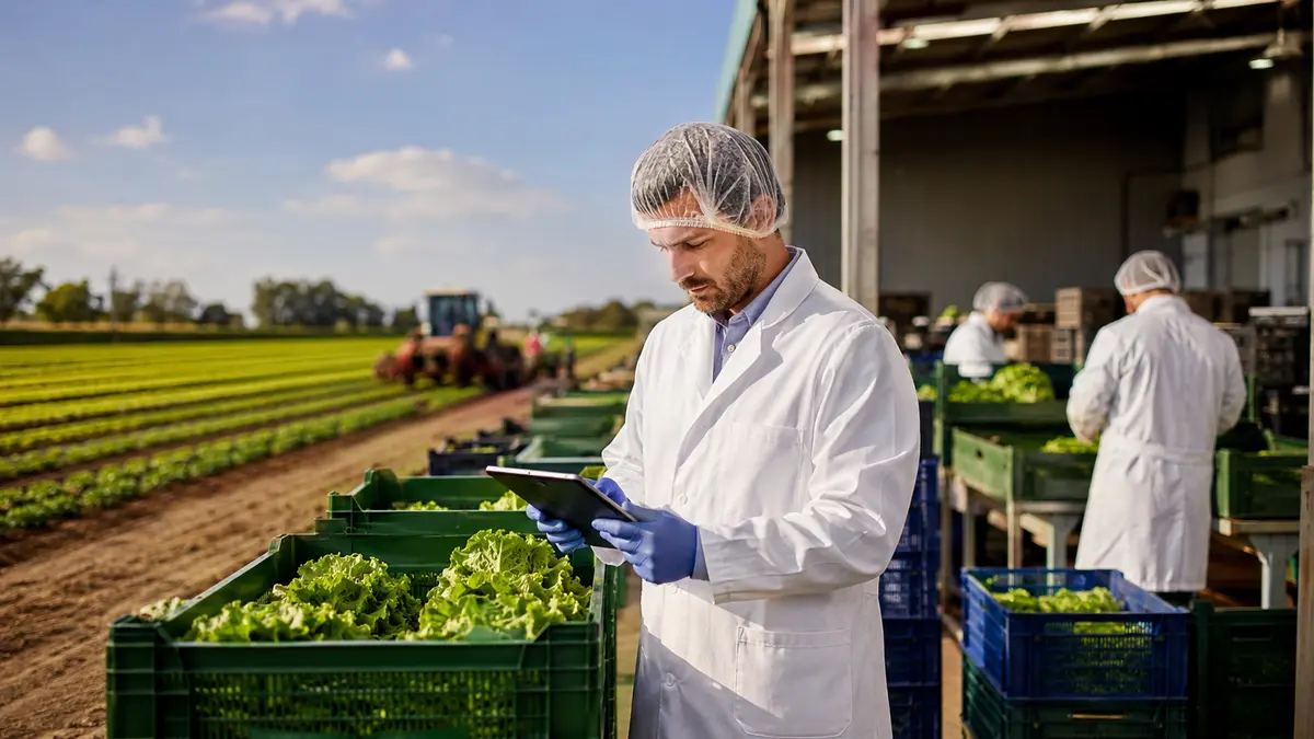 Professional reviewing traceability and produce quality at an agricultural packhouse
