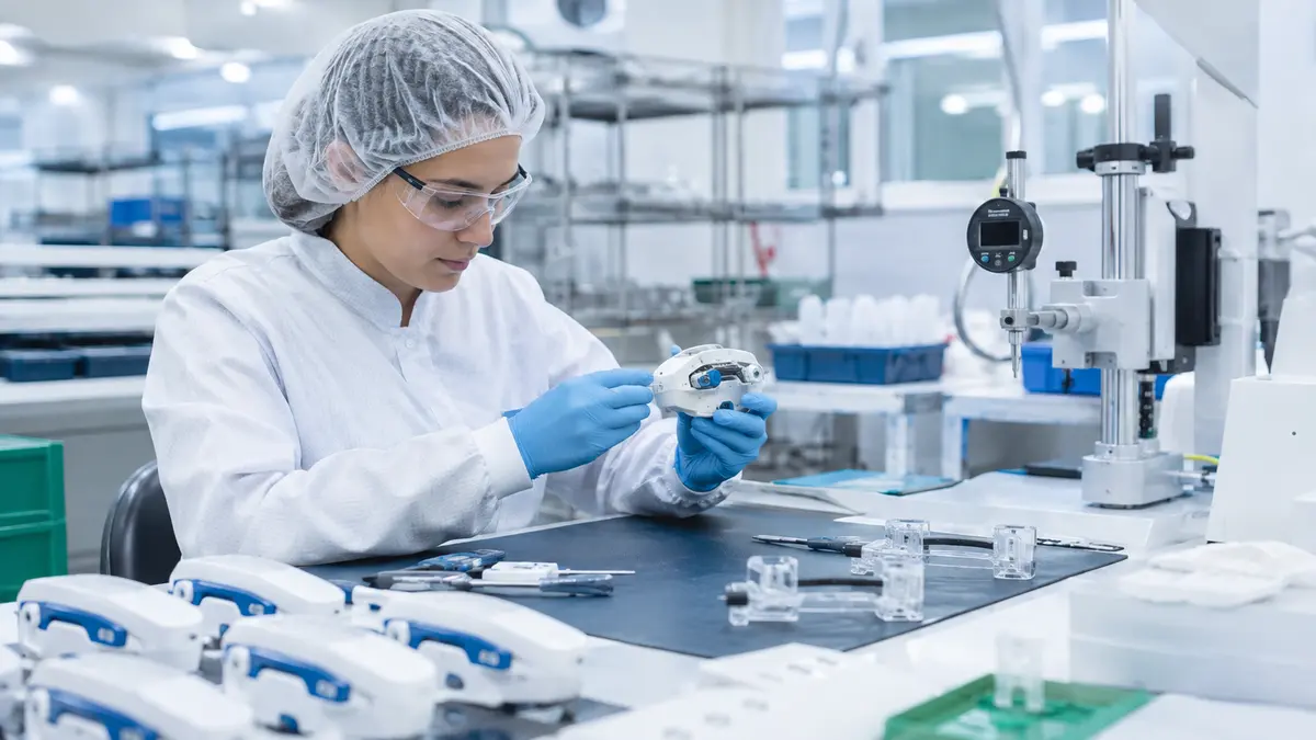 Quality specialist inspecting a medical device in a controlled manufacturing environment