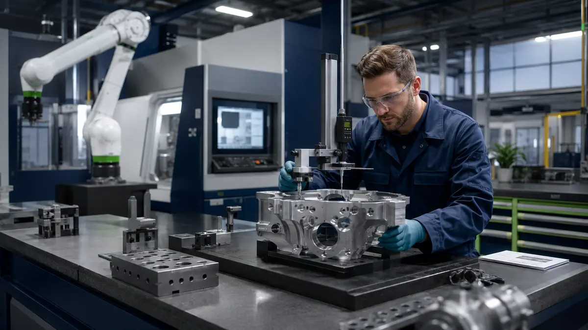Quality engineer inspecting a precision component in an advanced manufacturing facility