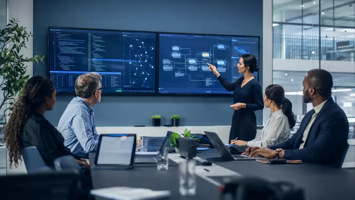 Professional team reviewing AI system architecture, risk and governance controls