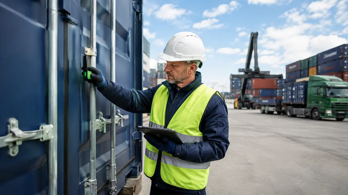 Inspector verifying container integrity at a modern intermodal logistics terminal