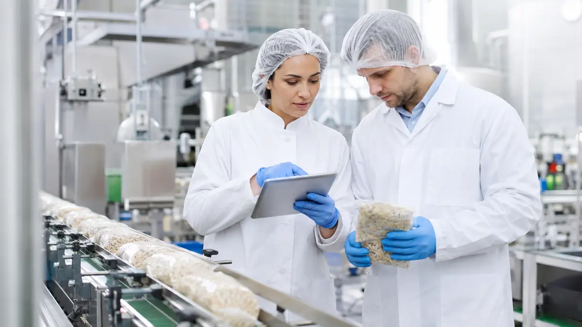 Food-safety professionals reviewing hygiene and traceability controls in a processing facility